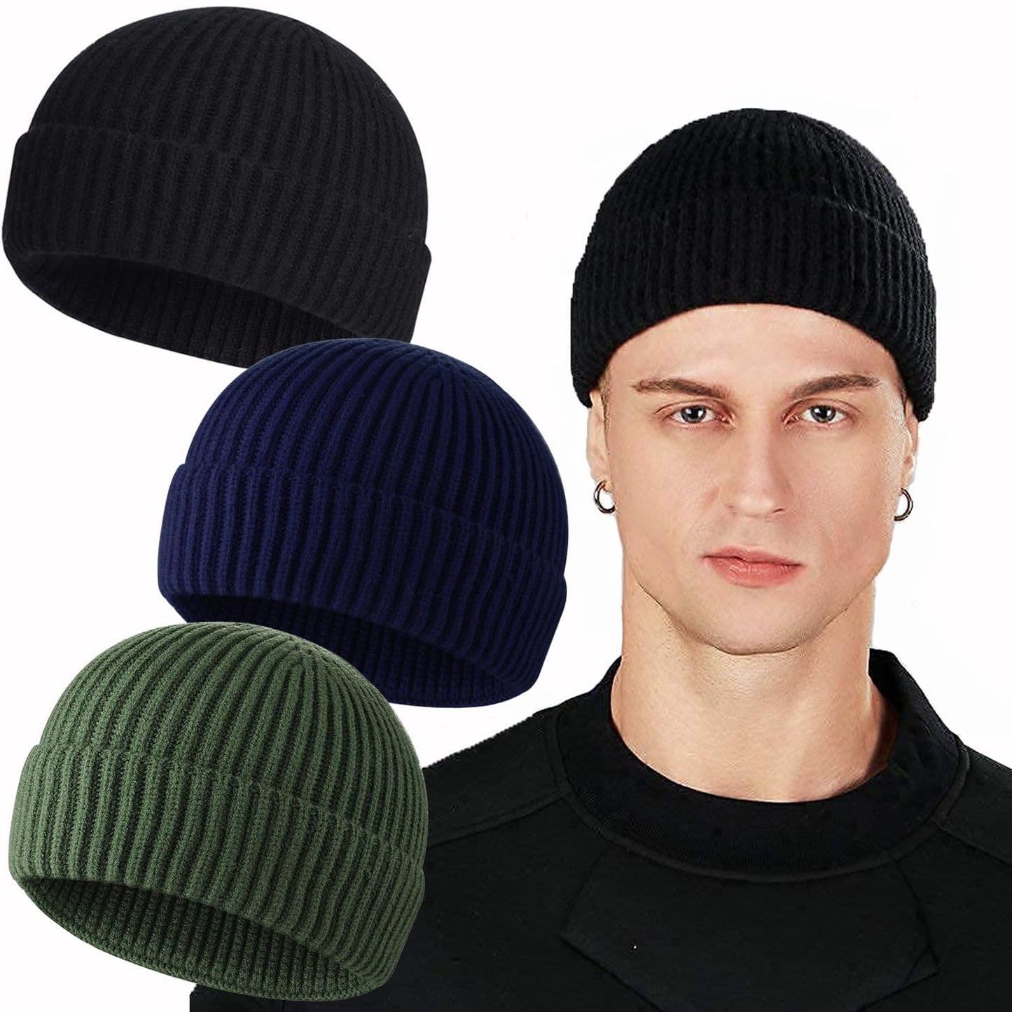 ROYBENS Swag Wool Knit Cuff Short Fisherman Beanie for Men Women, Winter Warm Hats