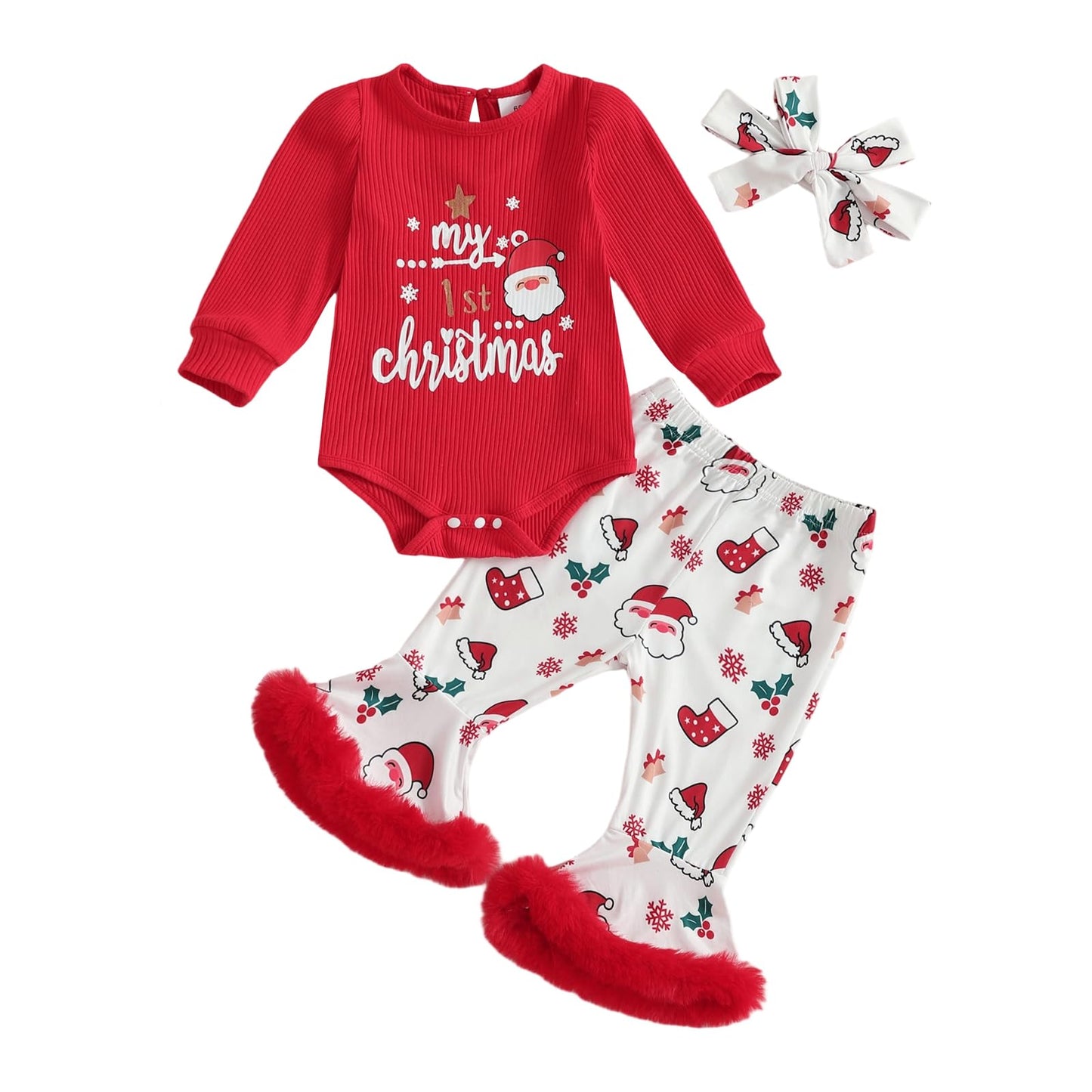 Baby Girl My 1st Christmas Outfits Letter Long Sleeve Romper Tops+Bell Bottom Pants+Headband 3 Pcs Clothes Set