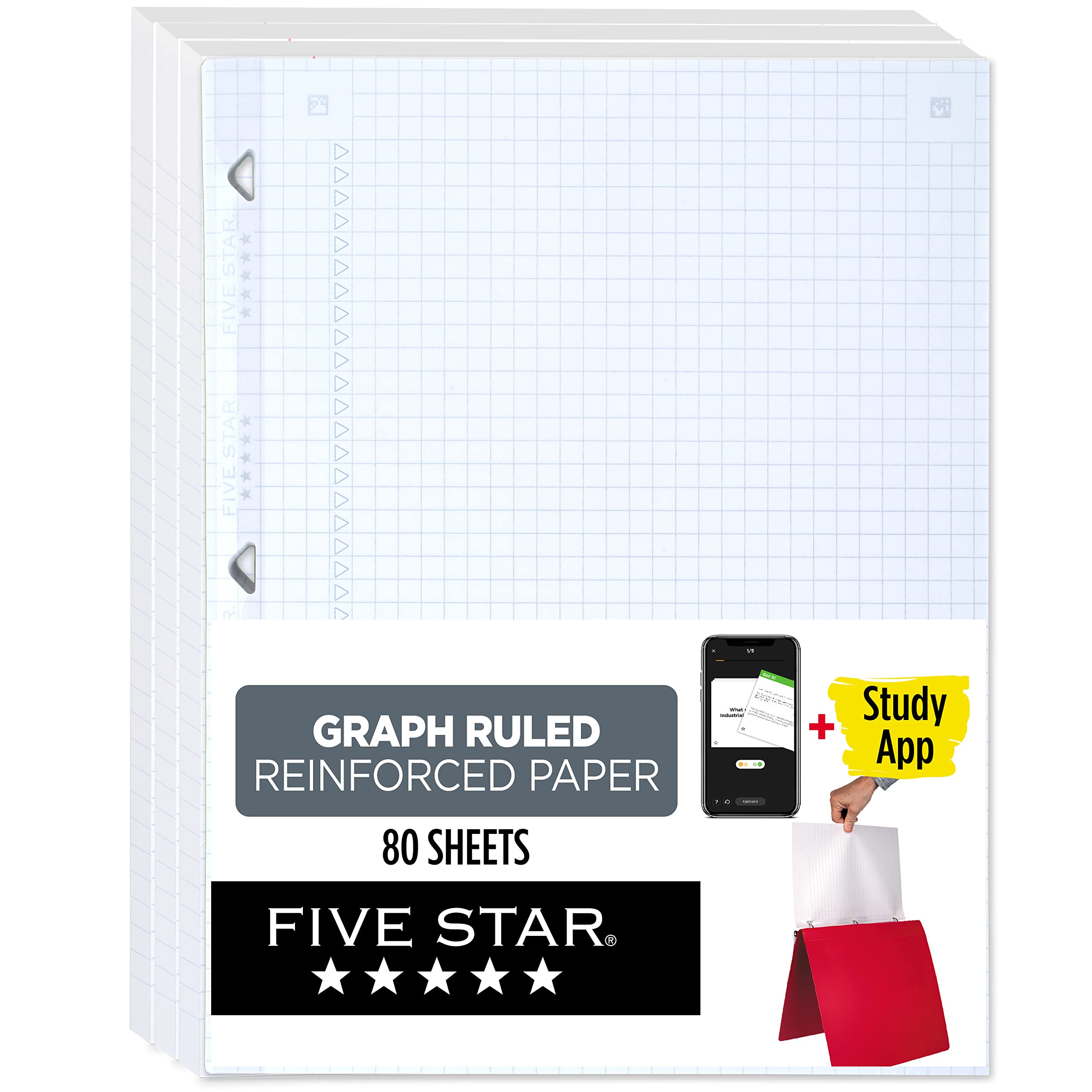 Five Star Loose Leaf Paper, Notebook Paper, Graph Paper, Reinforced Filler Paper, Fights Ink Bleed, 8.5 x 11, 100 Sheets/pack (3 count)