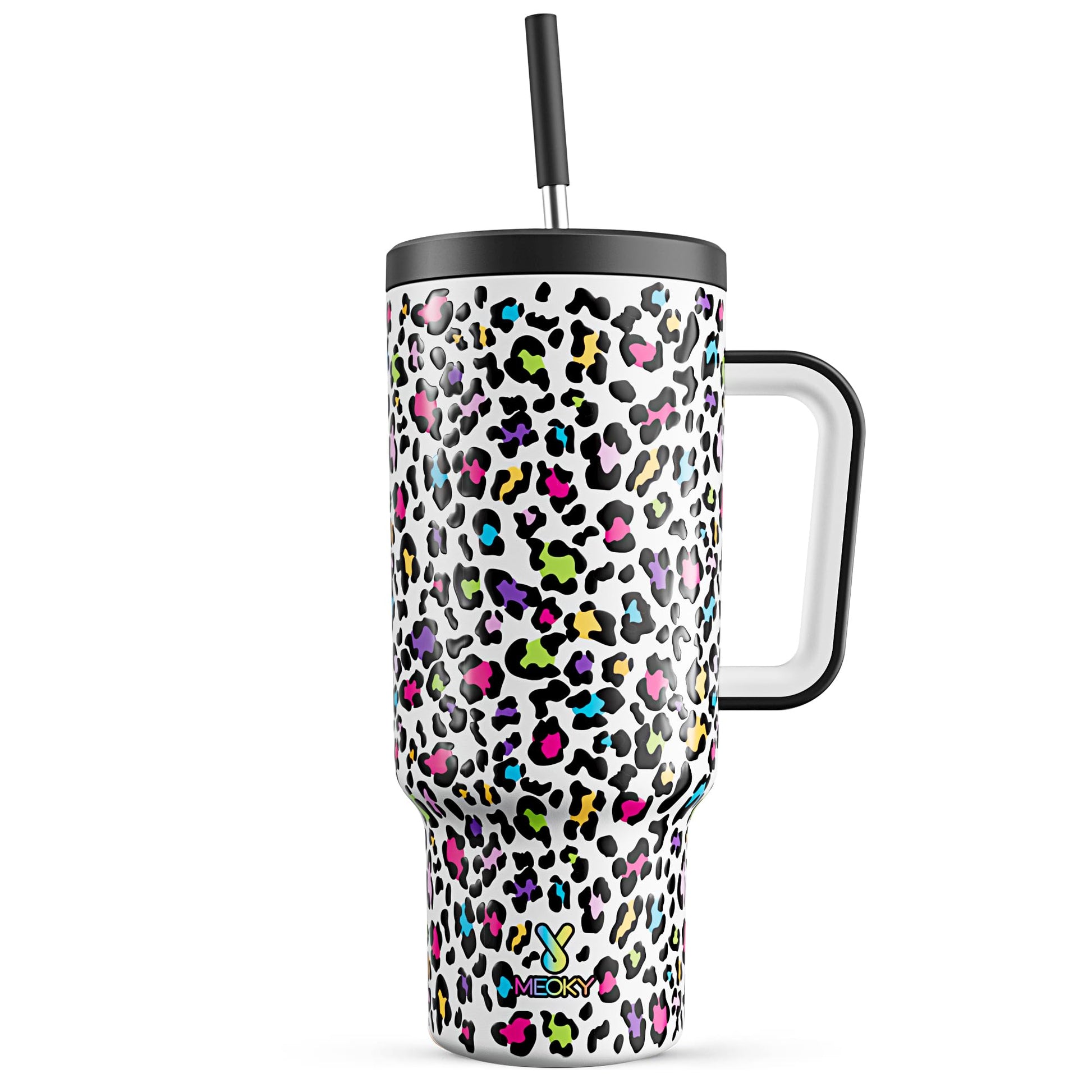 Meoky 40 oz Christmas Tumbler with Handle and Straw, Xmas Tumbler with Lid and Straw, Insulated Stainless Steel Travel Mug, Christmas Gifts for Women Men Adults (Jolly Reindeer)