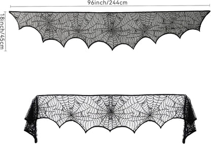 Halloween Mantel Scarf Black Lace Spiderweb for Fireplace Decor Halloween Decorations Indoor Fireplace Scarf(18 x 96 inch)(Black)