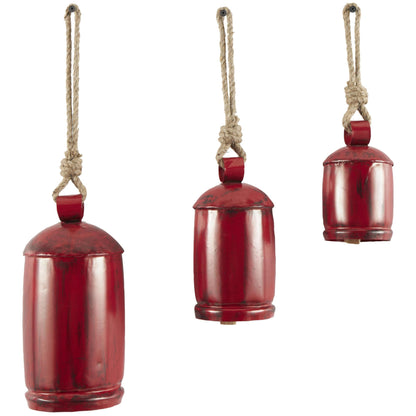 Deco 79 Gold Metal Tibetan Inspired Decorative Giant XL Cow Bells with Jute Hanging Rope, Set of 3 10",8",6"H - Cylindrical