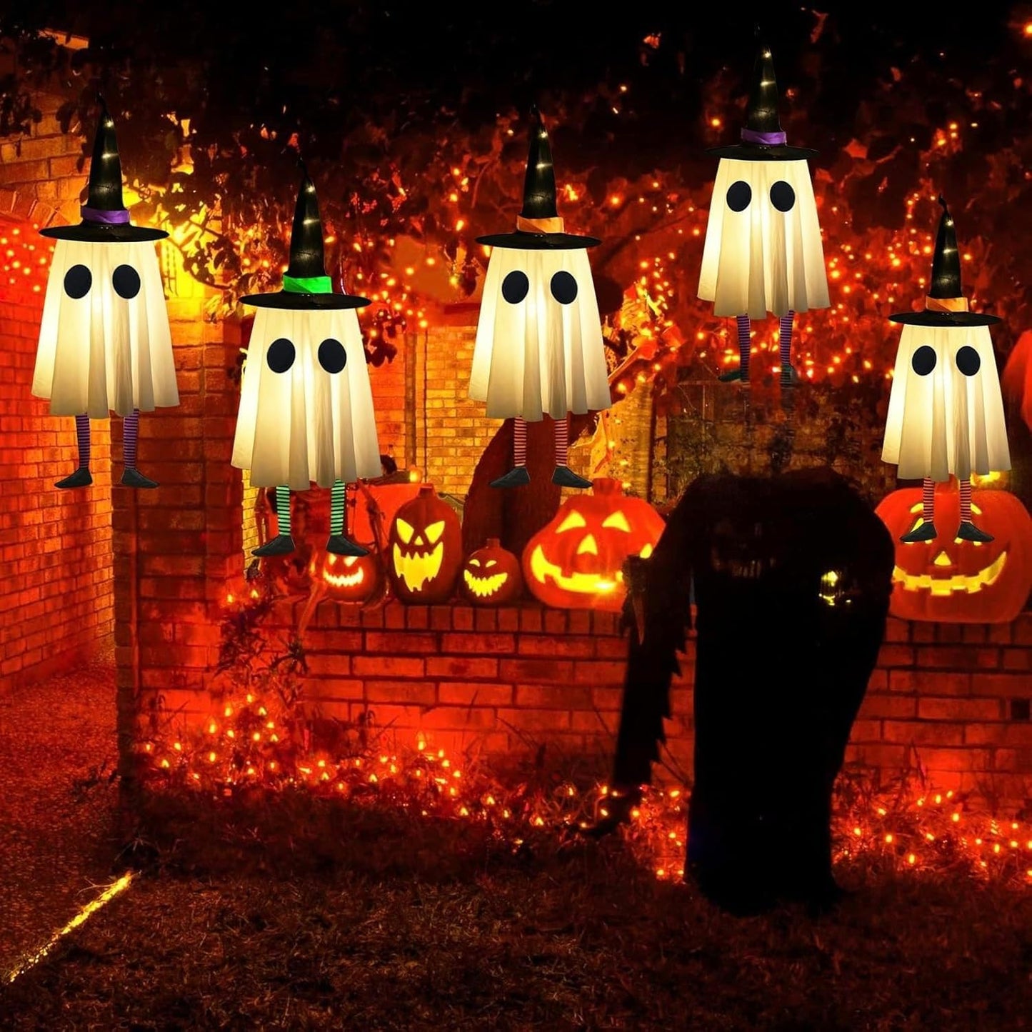 Set of 3 Halloween Hanging Ghosts, Halloween Decorations Outdoor Hanging Ghosts with Witch Hat,Glowing Ghost Witch Hat Lights, Halloween Ghost Decor for Yard Patio Garden Tree Outside(3 Ghost Lighted)
