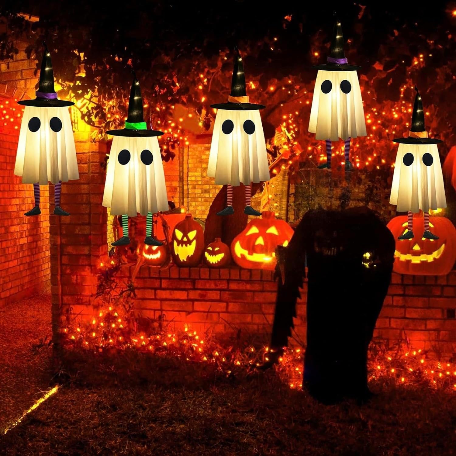 Set of 3 Halloween Hanging Ghosts, Halloween Decorations Outdoor Hanging Ghosts with Witch Hat,Glowing Ghost Witch Hat Lights, Halloween Ghost Decor for Yard Patio Garden Tree Outside(3 Ghost Lighted)