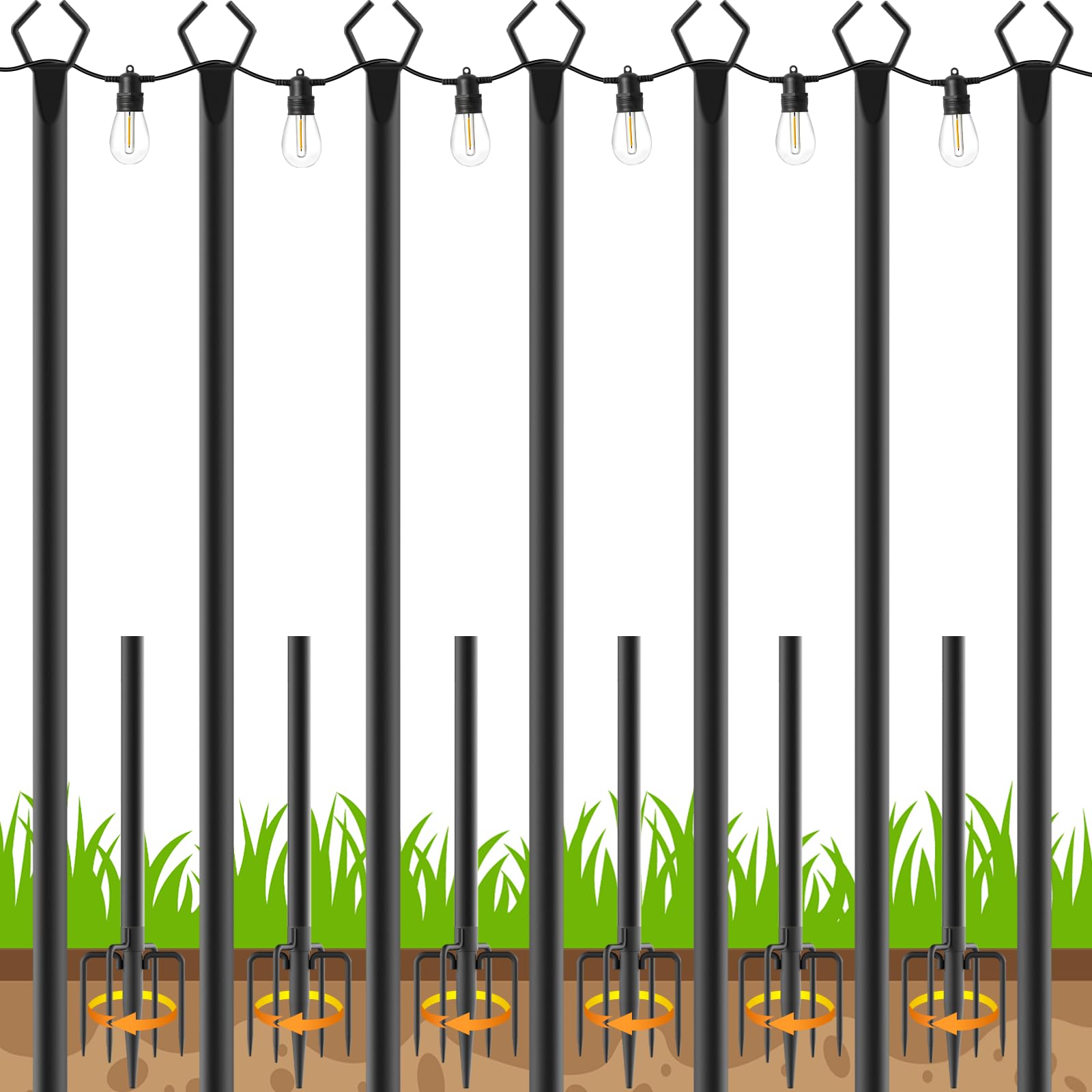 6 Pack String Light Poles, Outdoor String Light Pole 10 ft Forked Metal Light Pole with Adjustable Outdoor Light Stand, Deck, Backyard, Garden, Wedding, Rustproof and Sturdy with Hooks