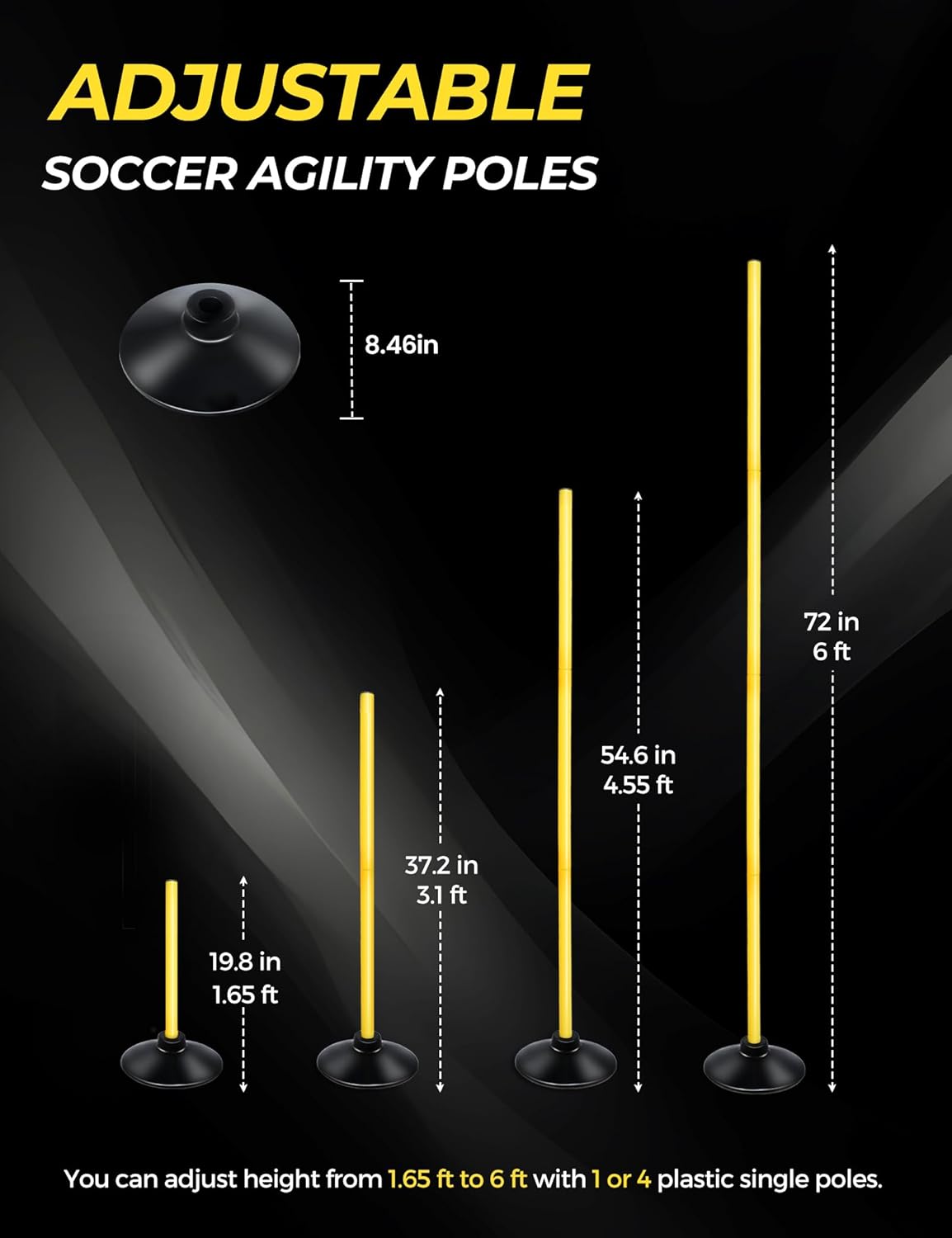 SEAOTTER Soccer Agility Poles Set, 4/6/10 Pcs 6ft Detachable Sports Trainning Speed Poles Slalom Poles with Rubber Base, Agility Training Equipment for Football, Rugby, Basketball, Indoor & Outdoor