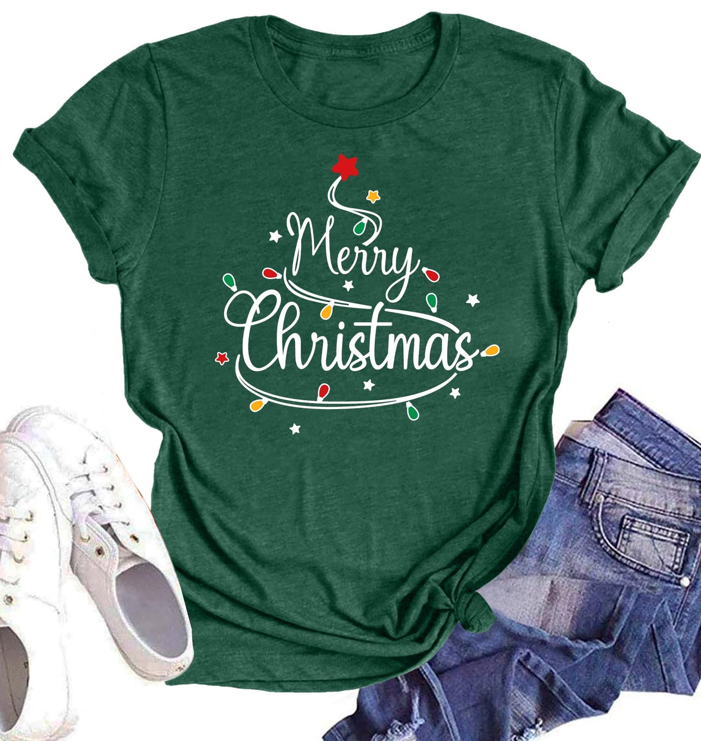 Believe Christmas Shirt for Women Christmas Tree Graphic T-Shirts Believe Letter Print Tees Holiday Tops