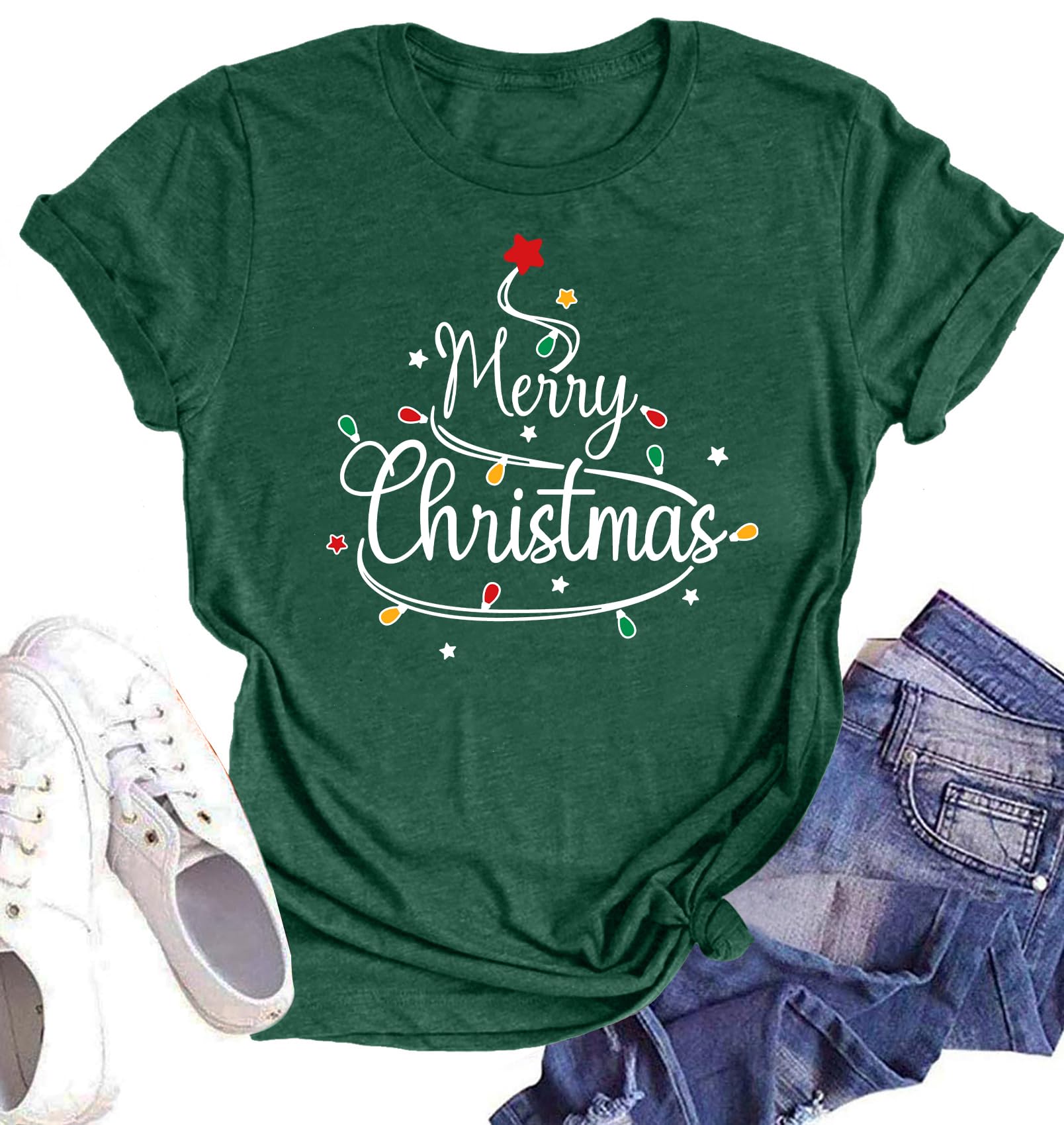 Believe Christmas Shirt for Women Christmas Tree Graphic T-Shirts Believe Letter Print Tees Holiday Tops
