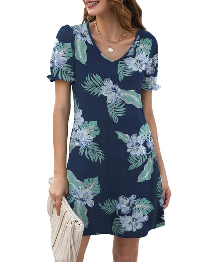 Halife Womens Summer Dresses Casual Puff Short Sleeve V-Neck T Shirt Dress with Pockets