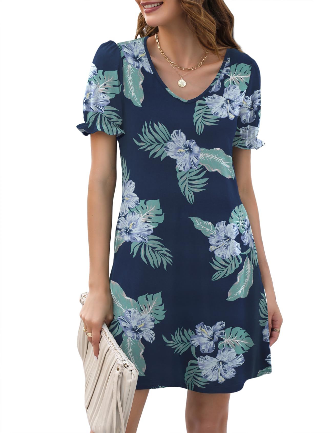 Halife Womens Summer Dresses Casual Puff Short Sleeve V-Neck T Shirt Dress with Pockets