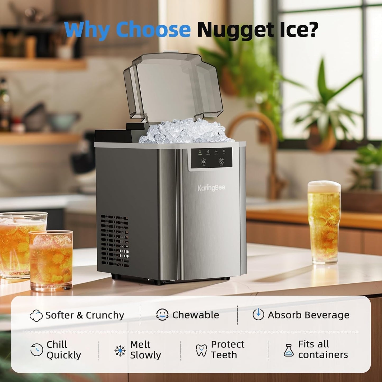 Nugget Ice Maker – 45lbs/Day Pebble Ice in 5 Mins, Chewable Sonic Ice Machine with Self-Cleaning, Quiet Stainless Steel Countertop Ice Maker for Home, Office, RV – 2025 Upgraded