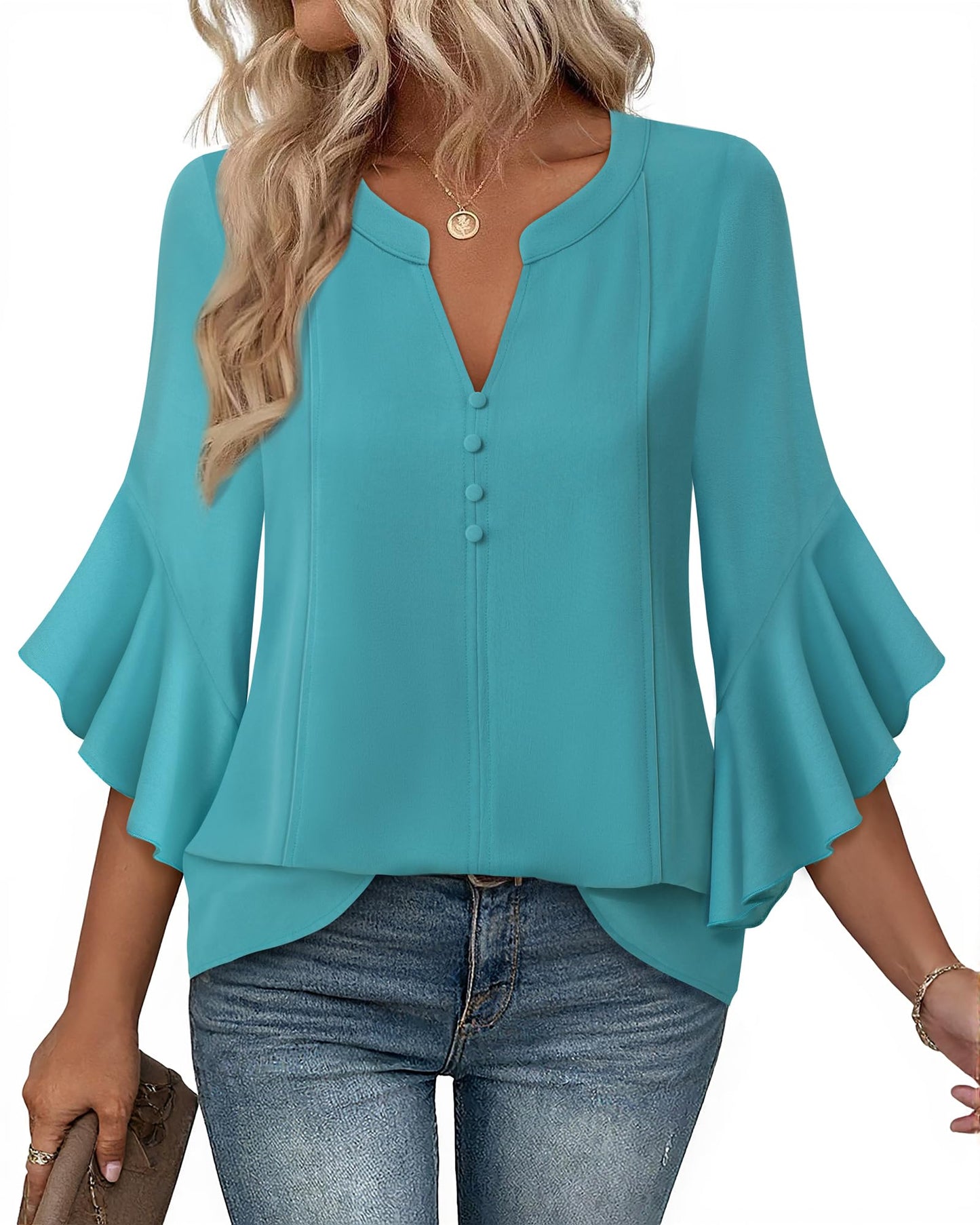 Bebonnie Womens Tops Dressy Casual Ruffle 3/4 Sleeve Henley V Neck Chiffon Blouses with Buttons