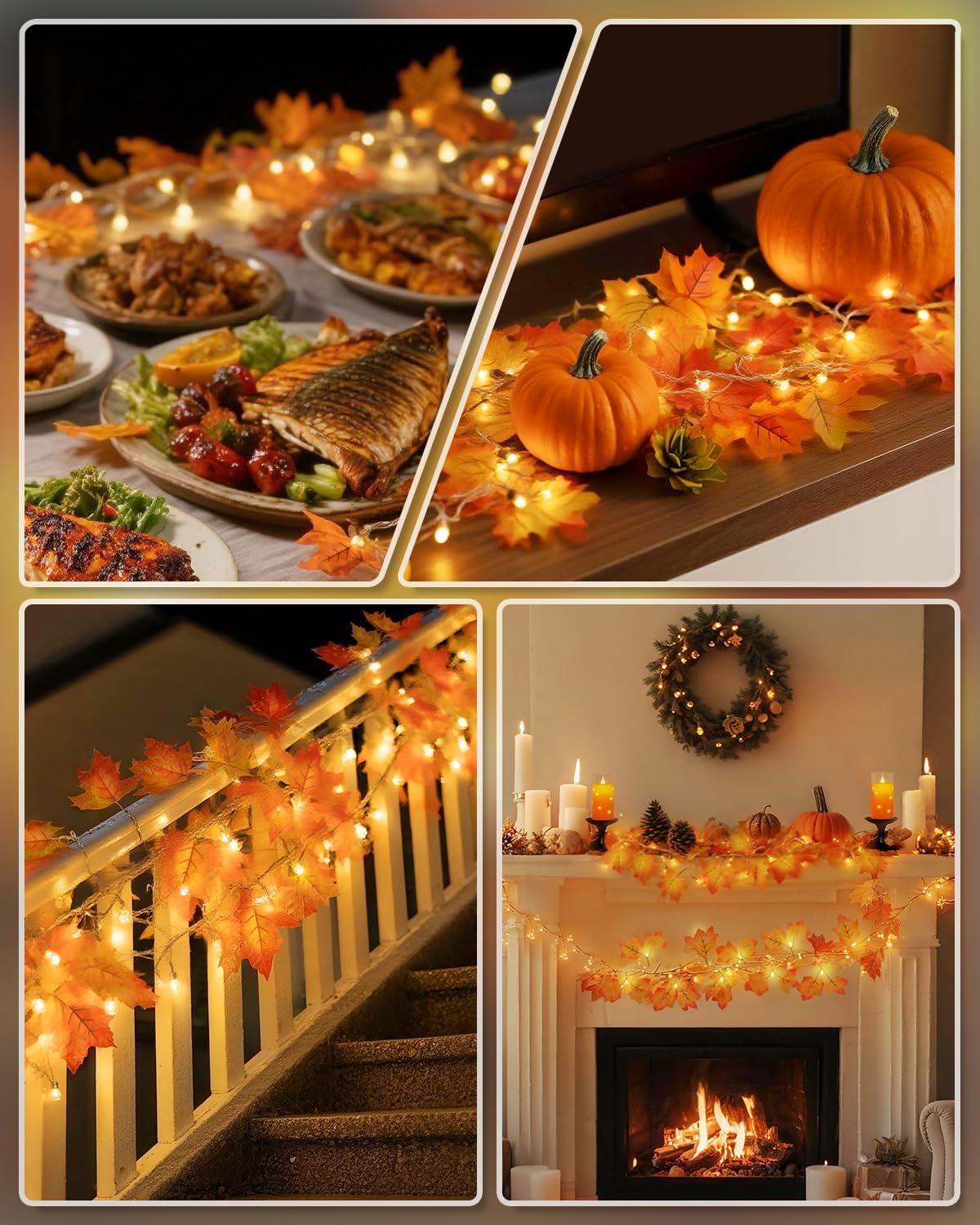 Luditek Fall Decor 3-Pack Fall Leaf Garland with Lights, Total 24.6ft 60 LED Halloween String Lights, Thanksgiving Decorations for Home Holiday Autumn Indoor Friendsgiving Gift