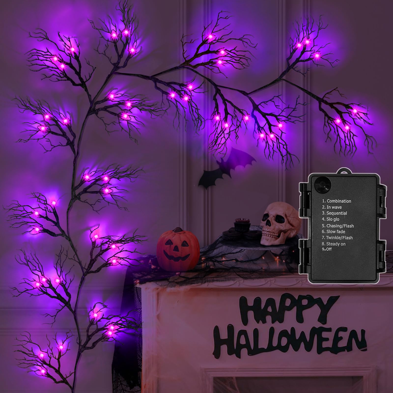 [ 8 Modes & Timer ] 6 Ft 45 LED Halloween Willow Vine Twig Garland Decorations with 15 Pumpkins Orange Lights, Battery Operated Waterproof Halloween Decorations for Home Wall Mantle Fireplace Decor