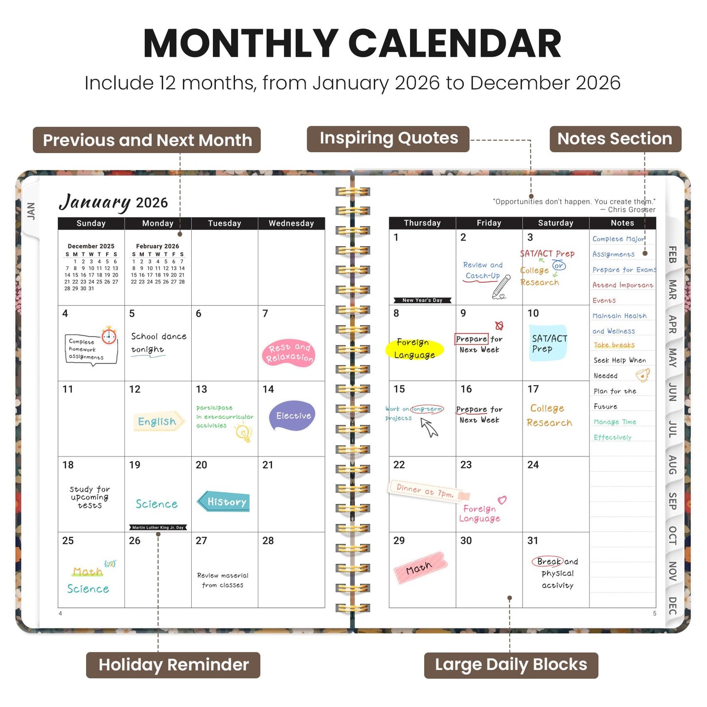 Hardcover 2026 Planner, Weekly and Monthly Calendar, Jan - Dec 2026 Planner Book with Tabs for Women, Inner Pocket, Spiral Bound, Perfect for Office/Home/School Supplies, Petals, A5, 6.3" x 8.5"