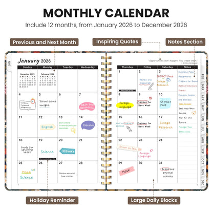 Hardcover 2026 Planner, Weekly and Monthly Calendar, Jan - Dec 2026 Planner Book with Tabs for Women, Inner Pocket, Spiral Bound, Perfect for Office/Home/School Supplies, Petals, A5, 6.3" x 8.5"