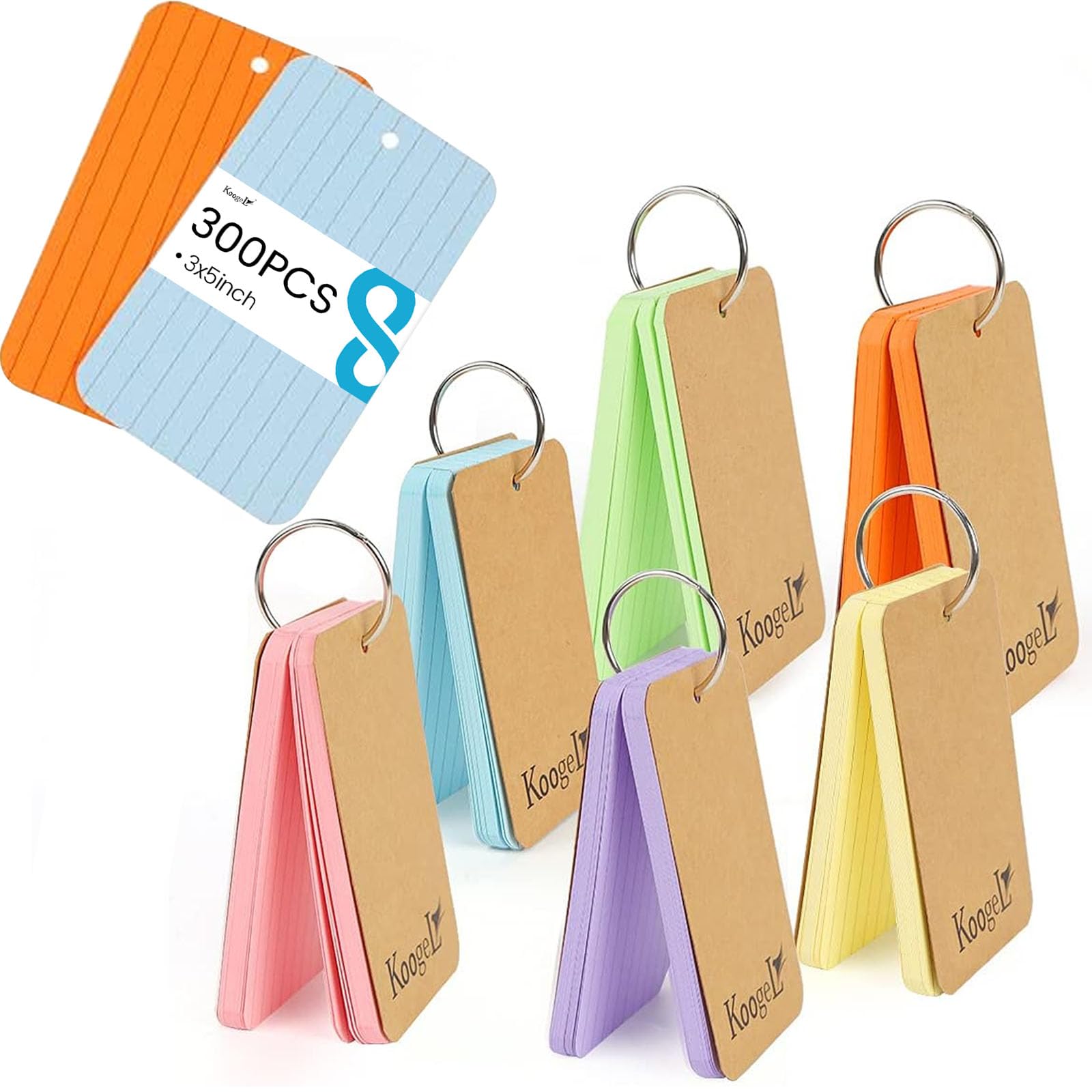 Koogel Colored Index Cards, 300 Count, 2.2 x 3.5 Inchs Flash Card Lined Ruled on Both Side, 6 Assorted Colors, Heavyweight Notecards for School Studying Learning College Office Home Taking Notes