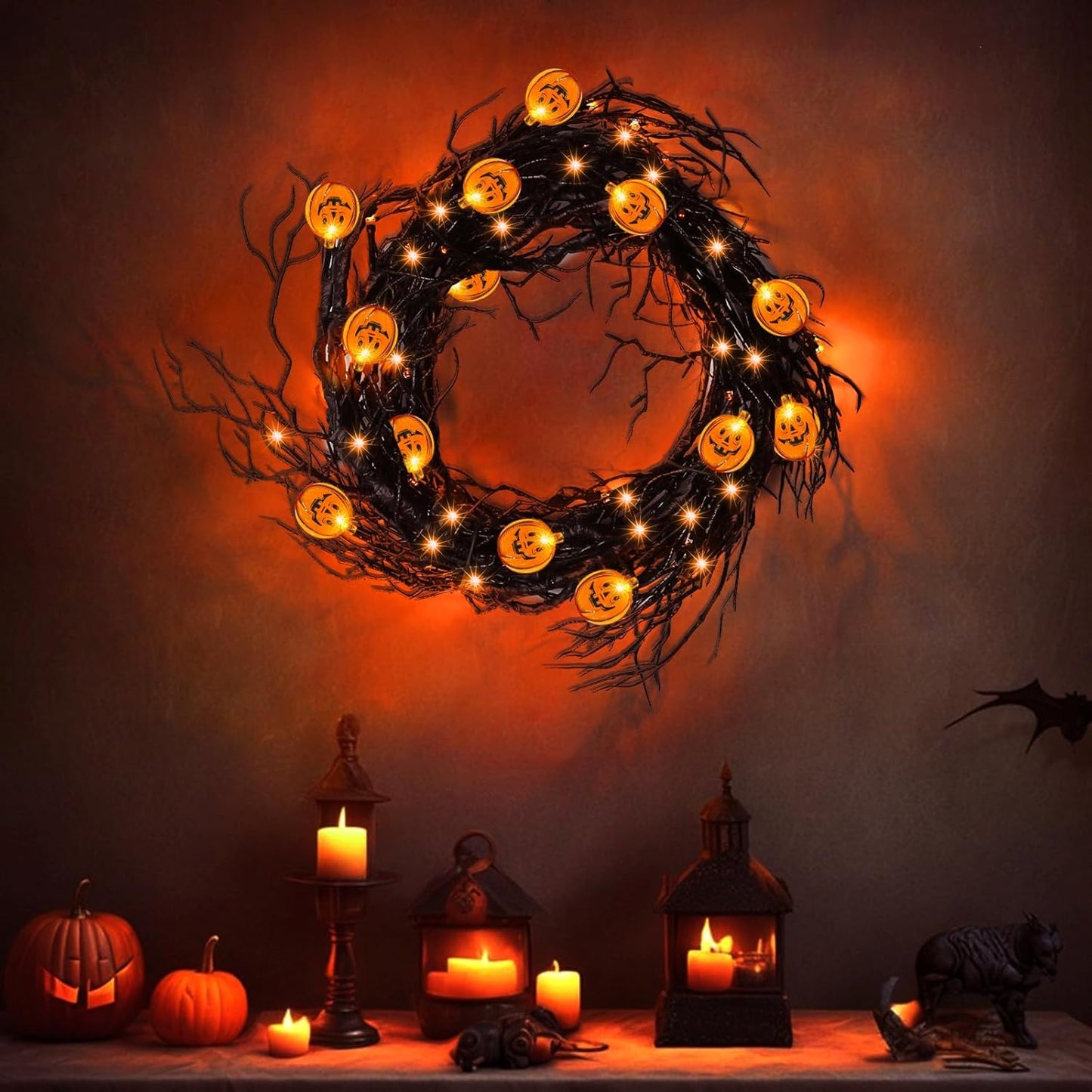[ 8 Modes & Timer ] 6 Ft 45 LED Halloween Willow Vine Twig Garland Decorations with 15 Pumpkins Orange Lights, Battery Operated Waterproof Halloween Decorations for Home Wall Mantle Fireplace Decor