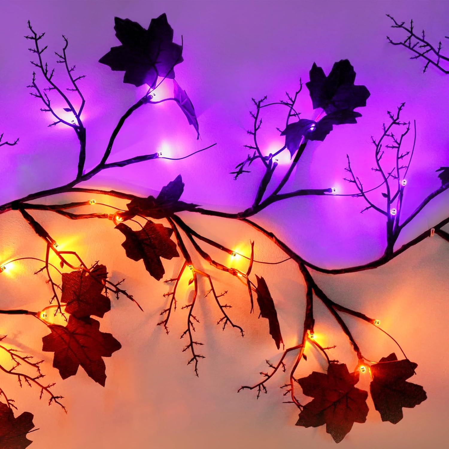 9 FT 72 LED Halloween Decorations Willow Vine Twig Decor with Orange Purple Lights and Dead Branches Black Leaves -Battery Operated 8 Modes for Indoor Wall Fireplace Halloween Decorations
