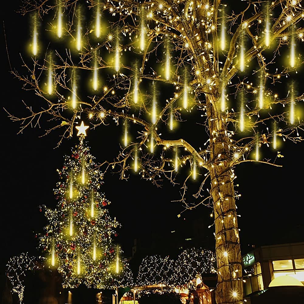 Kwaiffeo Outdoor Christmas Decorations, Waterproof 16-Tube Meteor Shower Lights for Xmas Wedding Party Hanging Decor, Wedding Decorations for Reception, Equivalent to 2 Sets of 8-Tubes, White