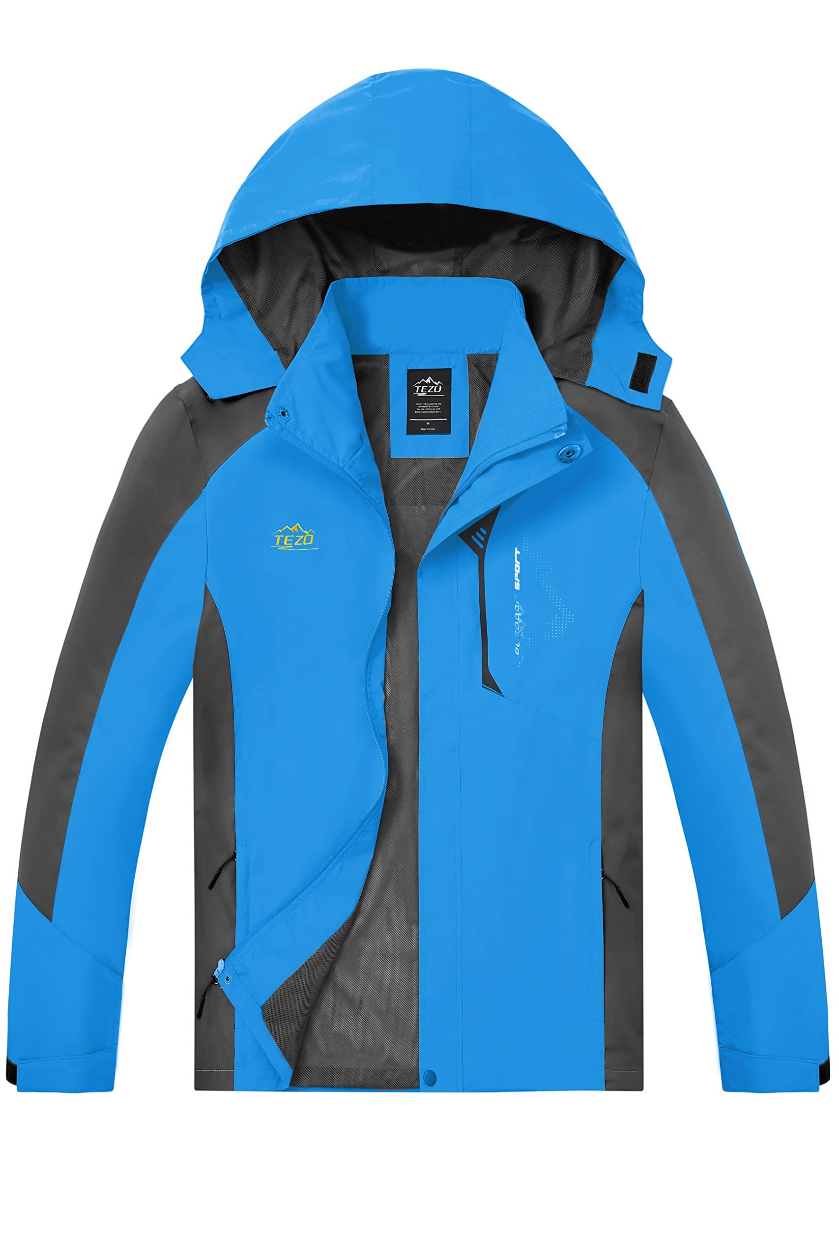 TEZO Mens Rain Jacket Waterproof with Hooded Hiking Coat Lightweight Windbreaker