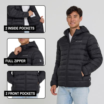 Spyder Packable Puffer Jacket Men with Hood, Lightweight Winter Jackets for Men