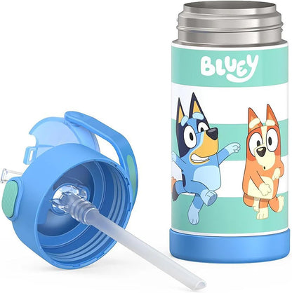 THERMOS FUNTAINER Water Bottle with Straw - 12 Ounce - Kids Stainless Steel Vacuum Insulated Water Bottle with Lid, Bluey