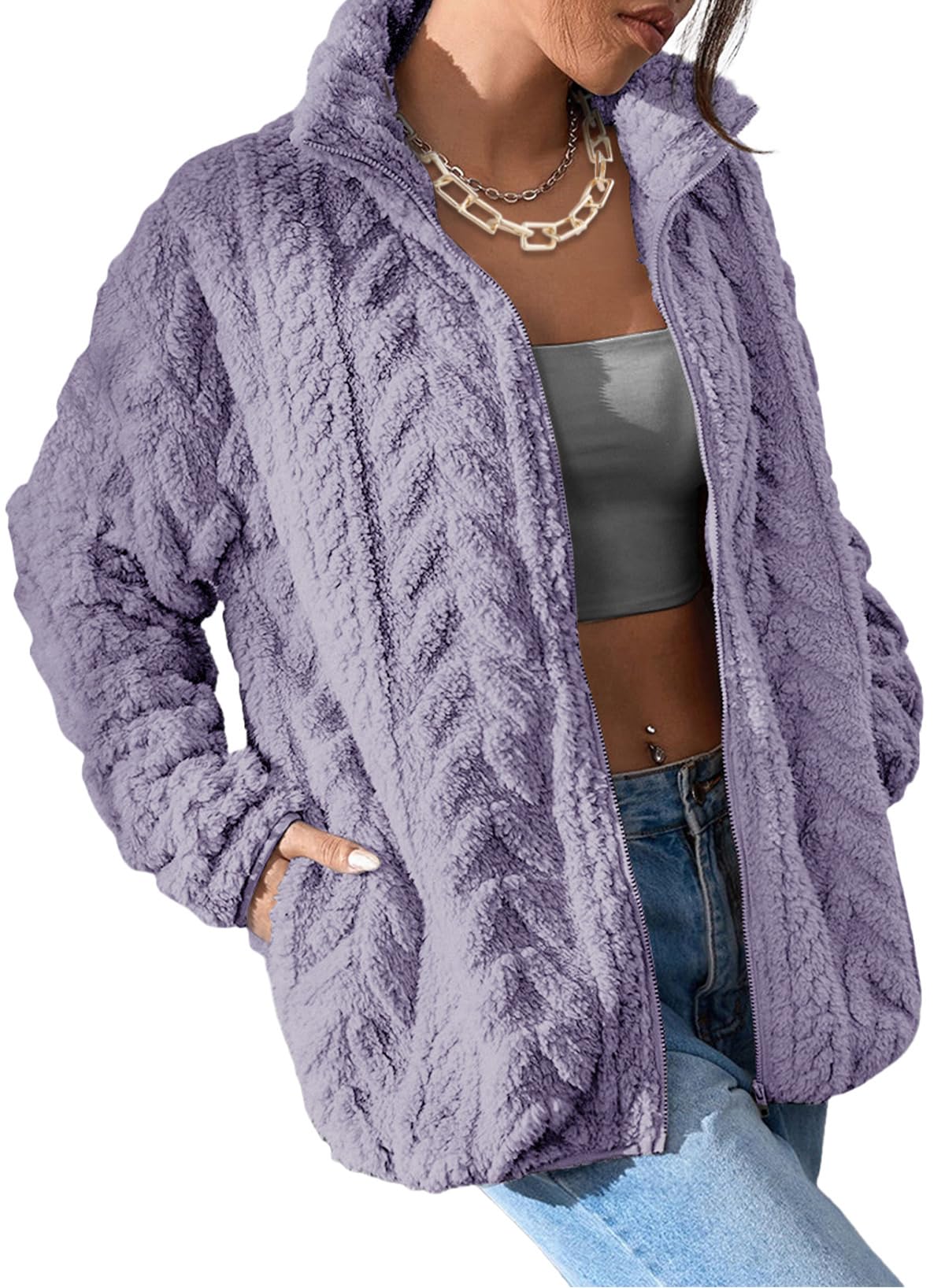 Dokotoo Winter Fleece Jacket for Women 2025 Zipper Stand Collar Casual Coats with Pockets