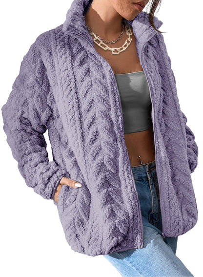 Dokotoo Winter Fleece Jacket for Women 2025 Zipper Stand Collar Casual Coats with Pockets