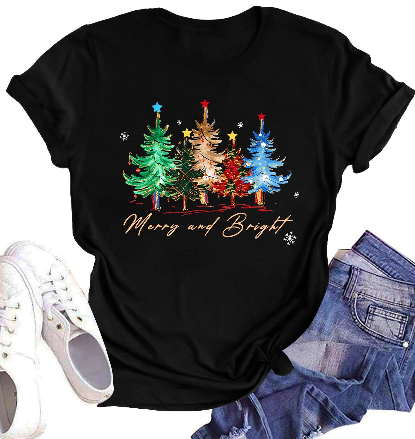 Believe Christmas Shirt for Women Christmas Tree Graphic T-Shirts Believe Letter Print Tees Holiday Tops