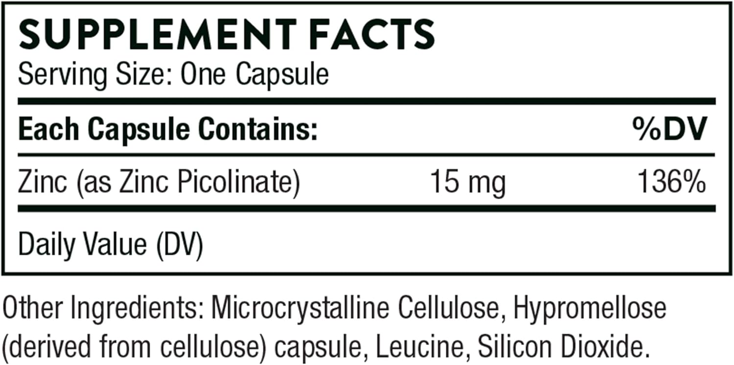 THORNE - Zinc Picolinate 15mg - Highly Absorbable Zinc Supplement - Supports Wellness, Immune System, Eye, Skin, and Reproductive Health* - Gluten-Free, Soy-Free, Dairy-Free - 60 Capsules