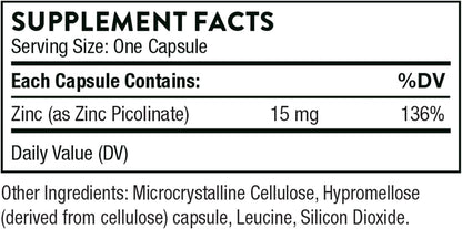 THORNE - Zinc Picolinate 15mg - Highly Absorbable Zinc Supplement - Supports Wellness, Immune System, Eye, Skin, and Reproductive Health* - Gluten-Free, Soy-Free, Dairy-Free - 60 Capsules