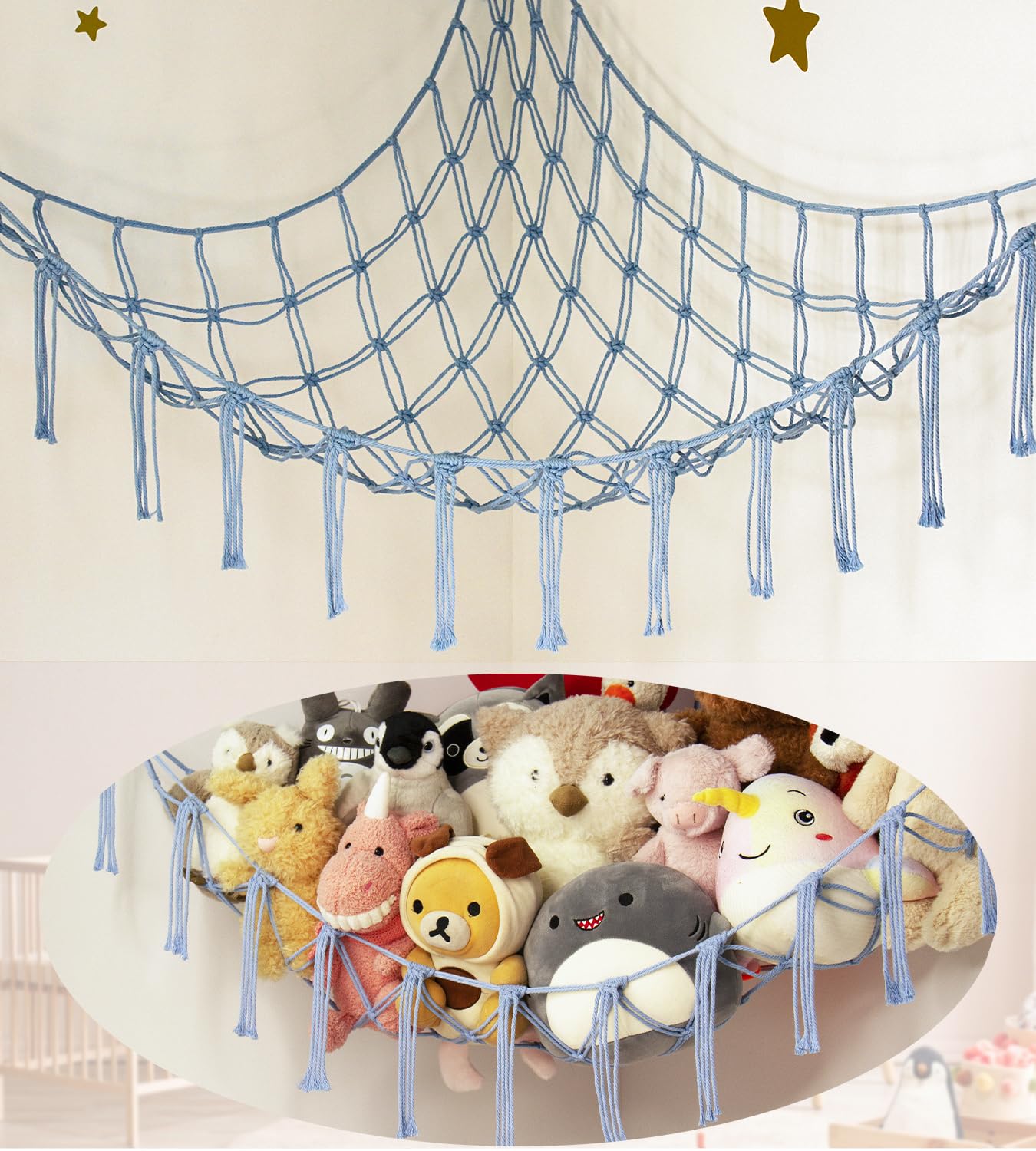 Stuffed Animal Storage Hammock or Net Corner - Large Toy Hammock Net for Stuffed Animals Room Decor - Cute Stuff Animal Organizer Plush Holder - Kids Baby Nursery Essentials Wall Bedroom Home Decor