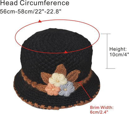 French Thicken Women's Flowers Knitted-Woolen-Hat Fashion Beanie-Hat Lady Crochet-Bucekt-Hat for Winter