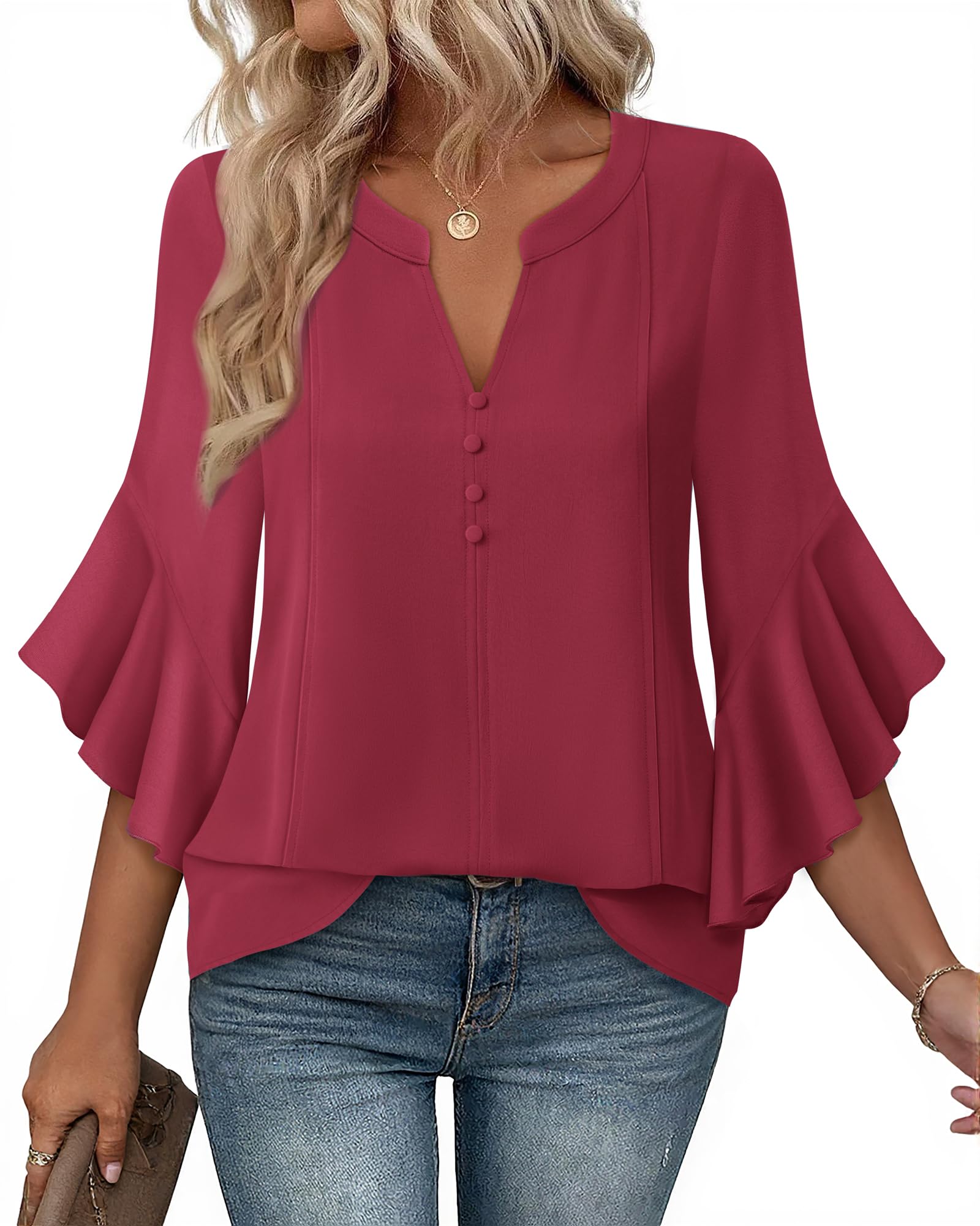 Bebonnie Womens Tops Dressy Casual Ruffle 3/4 Sleeve Henley V Neck Chiffon Blouses with Buttons