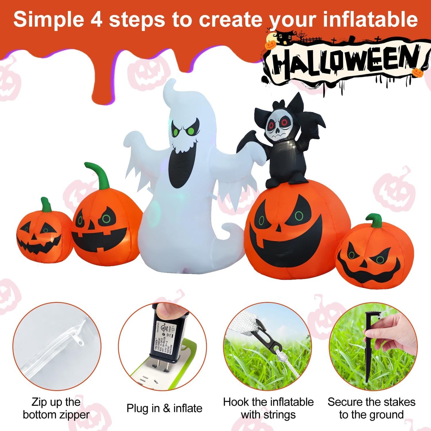 8ft Bat Pumpkin Row Stand Halloween Inflatable Outdoor Decoration, Yard Decorations with LED Lights for Outdoor Lawn, Garden, Home Holiday Party