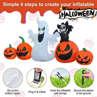 8ft Bat Pumpkin Row Stand Halloween Inflatable Outdoor Decoration, Yard Decorations with LED Lights for Outdoor Lawn, Garden, Home Holiday Party