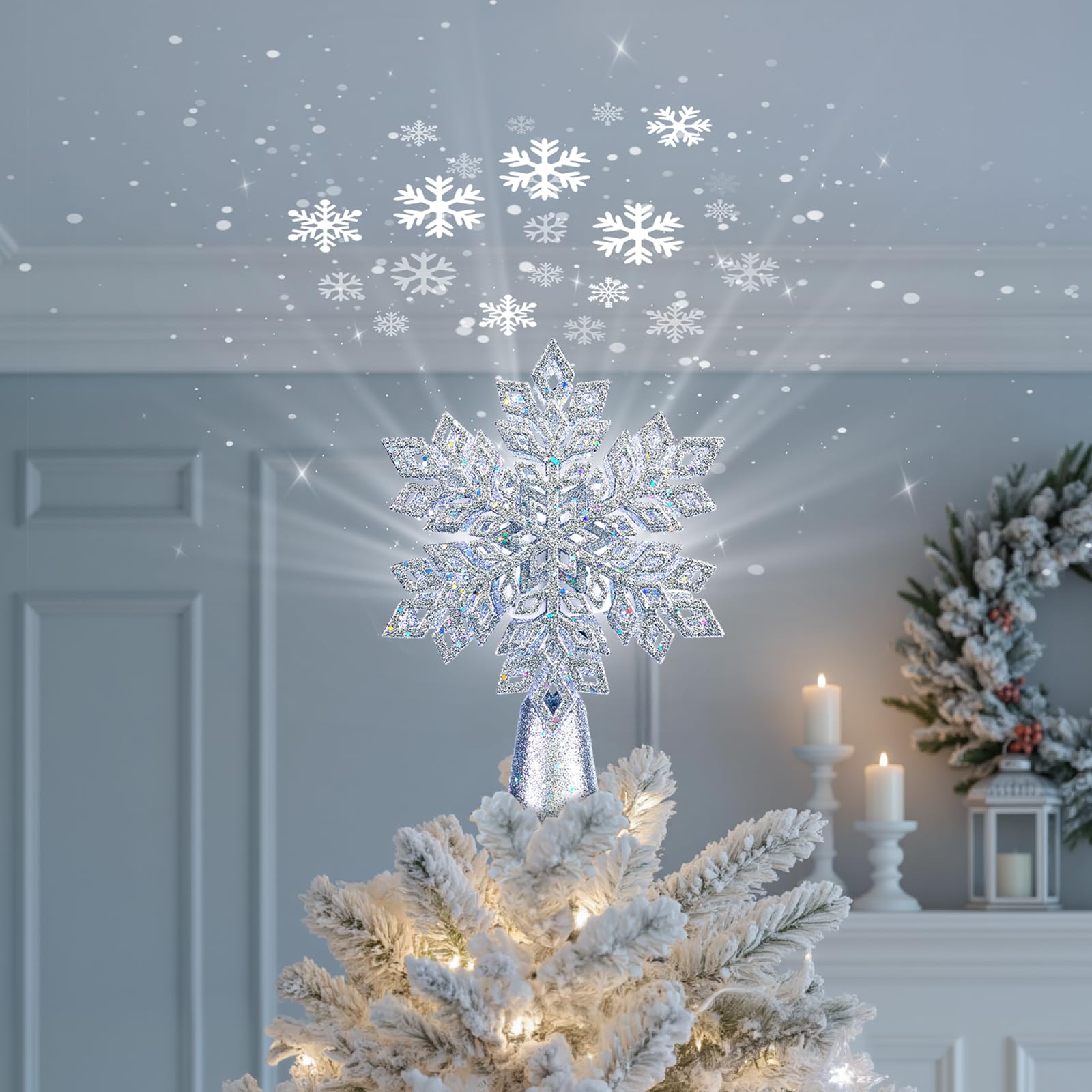 Brightown Christmas Tree Topper with Built-in 3D Glitter Led Snowflake Projector Lights, Gold Hexagonal Snowflake Tree Toppers Christmas Decorations Indoor for Xmas New Year Party Holiday