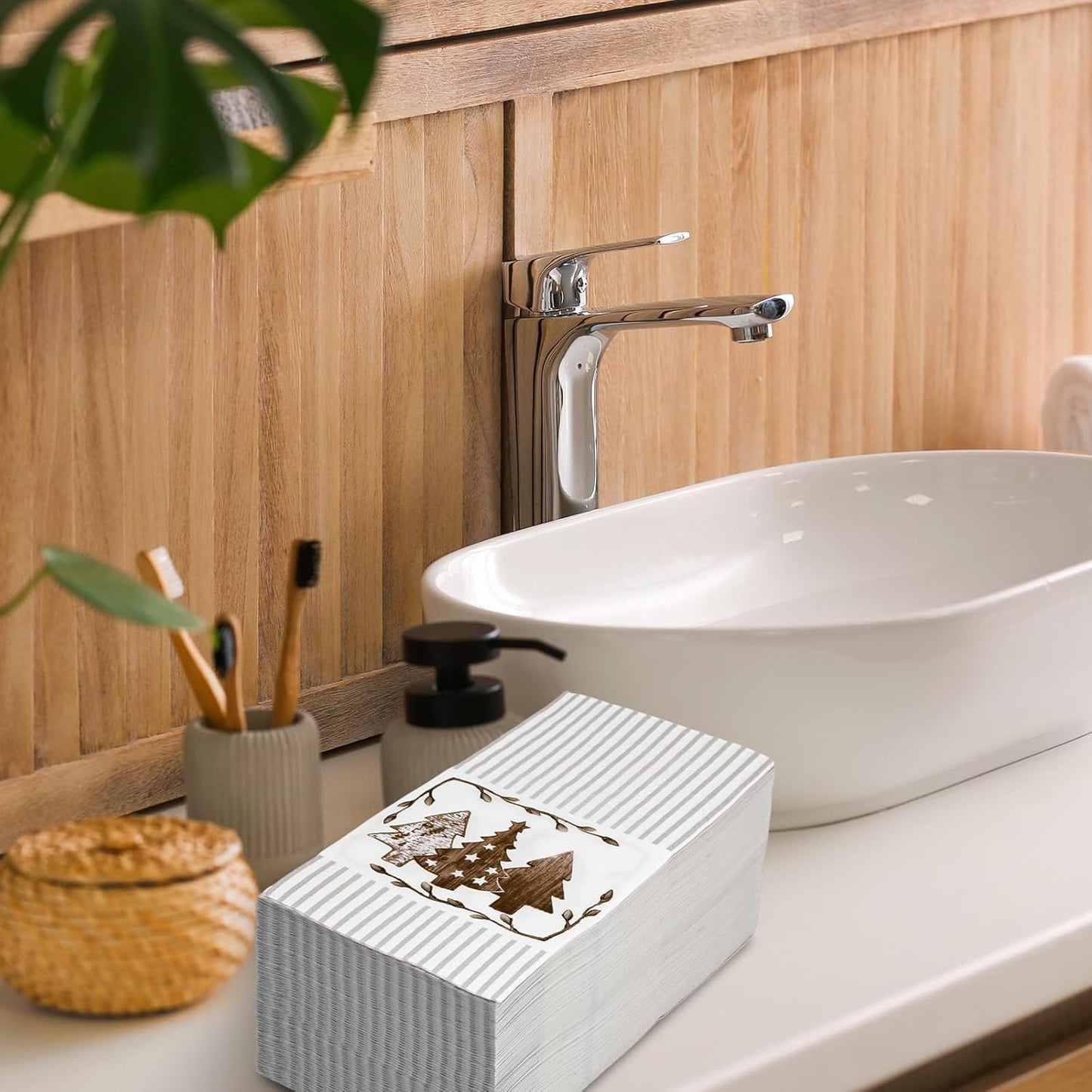 80 Pack Merry Christmas Guest Napkins Brown Grey Striped Christmas Tree Disposable Paper Napkin Xmas Holiday Party Dinner Decor Hand Napkin Towel for Home Kitchen Bathroom, 13 x 15.7 Inch