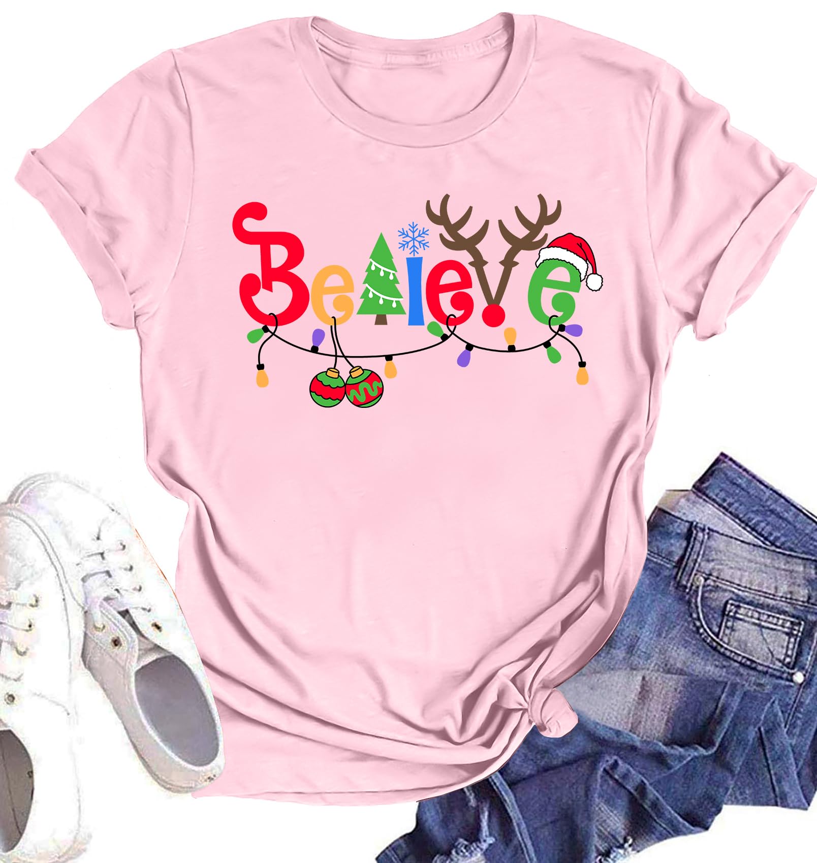 Believe Christmas Shirt for Women Christmas Tree Graphic T-Shirts Believe Letter Print Tees Holiday Tops