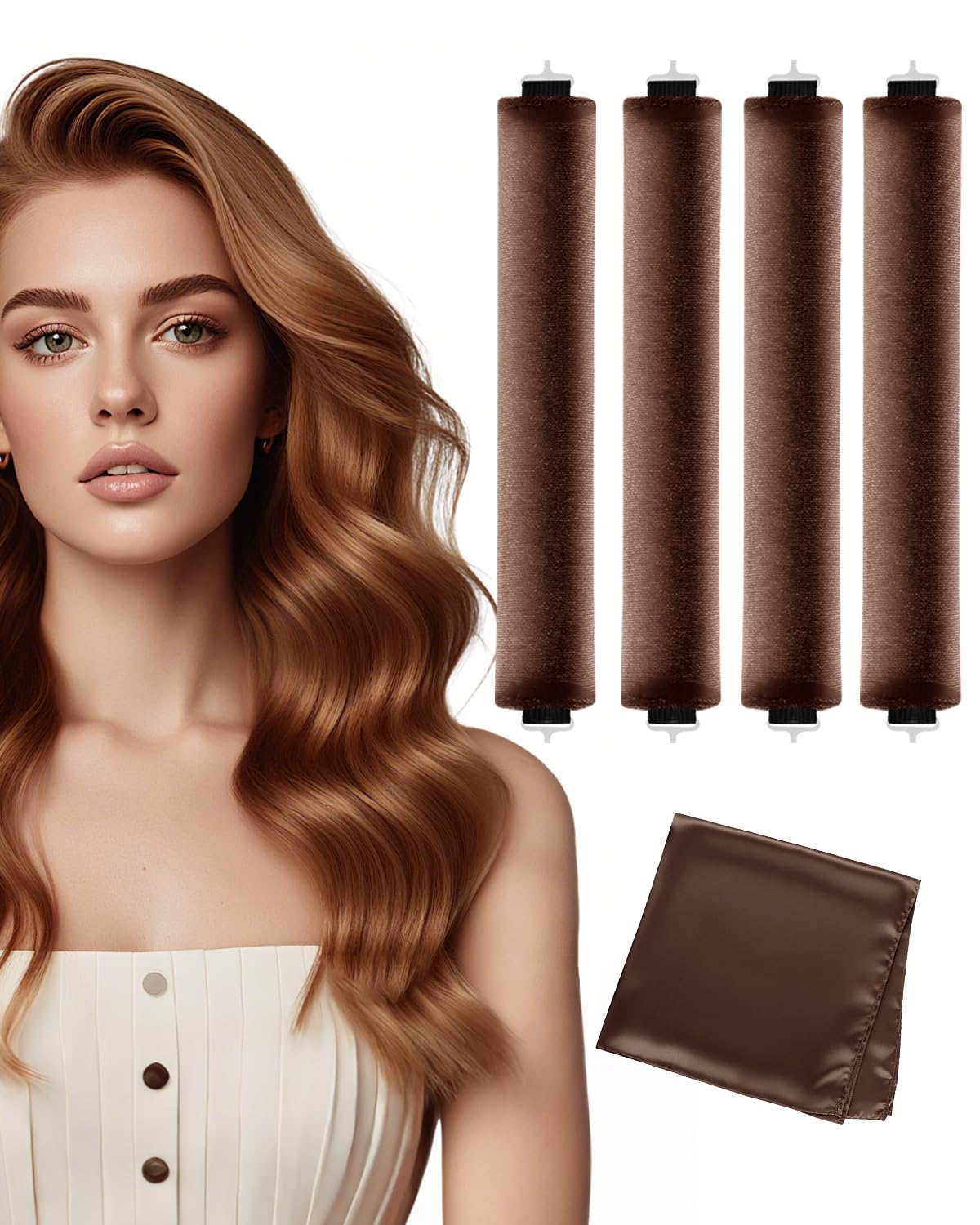 Heatless Curlers, Heatless Curls Overnight Set for Women, Soft Hair Curlers to Sleep In, Jumbo No Heat Hair Curlers Set with Headscarf and Hook for Long Hair (DarkBrown, 4 Packs)