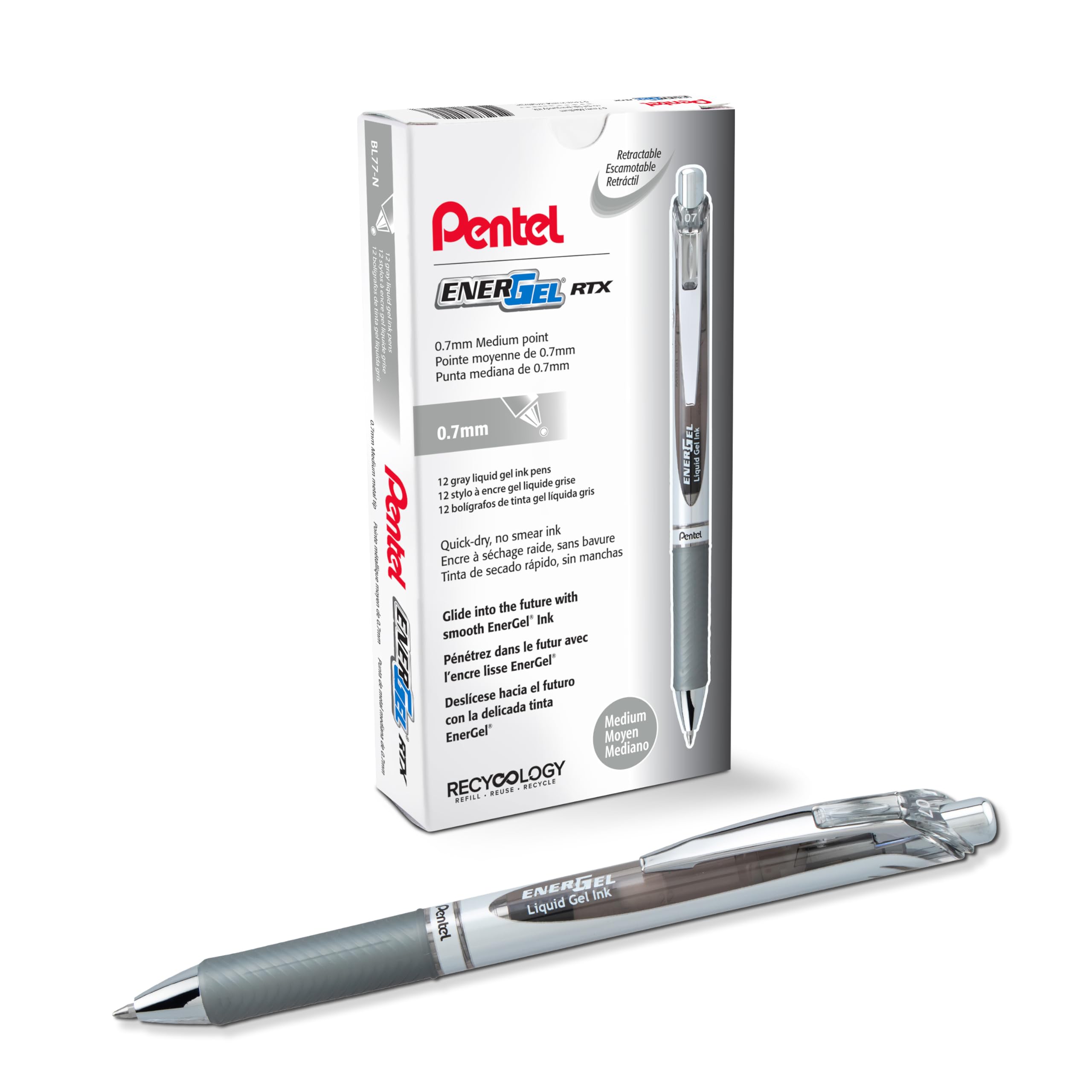 Pentel EnerGel Retractable Liquid Gel Pens, Medium Point, 0.7 mm, Silver Barrel, 12 Black Ink pens, the Ultimate writing pens, the Best Writing Pens for office, school and journaling, Pack of 12