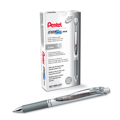 Pentel EnerGel Retractable Liquid Gel Pens, Medium Point, 0.7 mm, Silver Barrel, 12 Black Ink pens, the Ultimate writing pens, the Best Writing Pens for office, school and journaling, Pack of 12
