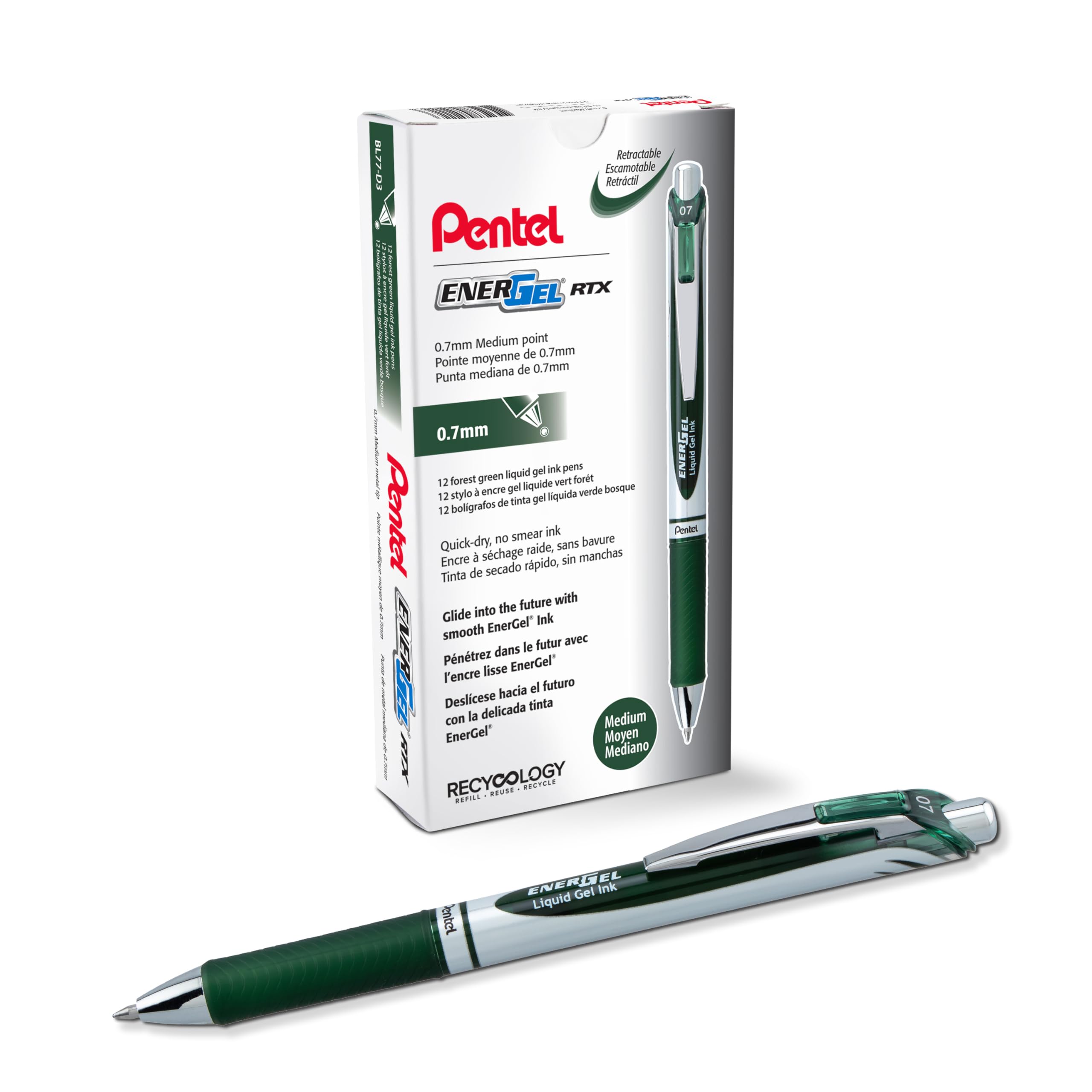 Pentel EnerGel Retractable Liquid Gel Pens, Medium Point, 0.7 mm, Silver Barrel, 12 Black Ink pens, the Ultimate writing pens, the Best Writing Pens for office, school and journaling, Pack of 12