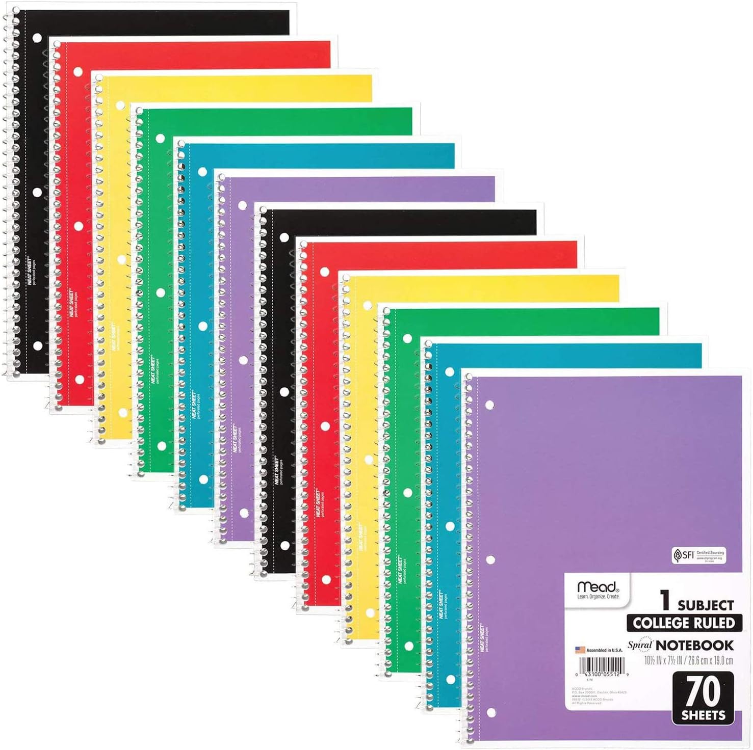 Mead Spiral Notebooks, 12 Pack, 1 Subject, College Ruled Paper, 7-1/2" x 10-1/2", 70 Sheets per Notebook, Color Will Vary (73703)