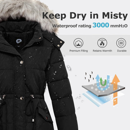 Women's Winter Hooded Coat Waterproof Down Long Jacket Warm Parka Thicken Puffer Coat with Removable Fur Hood
