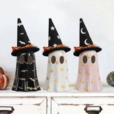 DAZONGE Halloween Decor Indoor, Set of 3 Ceramic Ghosts with Witch Hats, Cute Spooky Ghost Figurines for Mantel, Shelf & Tabletop Decor, Halloween Decorations