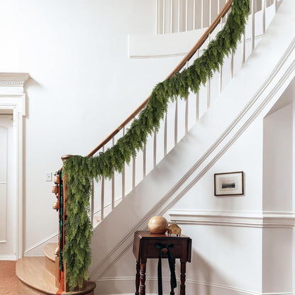 9ft Christmas Cedar Garland with Soft Thickness Pine, Artificial Green Faux Cedar Pine Garland for Mantle Fireplace Indoor Outdoor Holiday Party Home Decoration（2 Pcs）