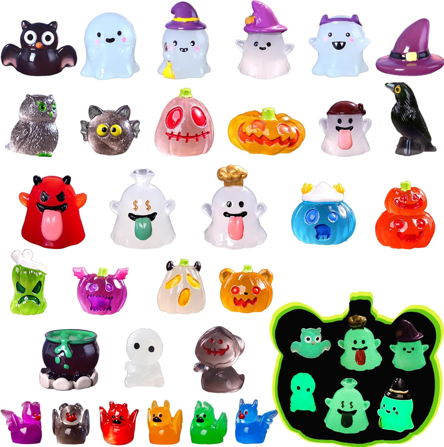Mini Halloween Figurines 30 PCS, Luminous Halloween Miniatures Bulk for Decor, Mini Resin Animals Variety Pack to Hide, Pumpkin Ghost Owl for Party Favors Bag Fillers Garden Decor, Gifts