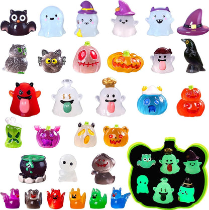 Mini Halloween Figurines 30 PCS, Luminous Halloween Miniatures Bulk for Decor, Mini Resin Animals Variety Pack to Hide, Pumpkin Ghost Owl for Party Favors Bag Fillers Garden Decor, Gifts